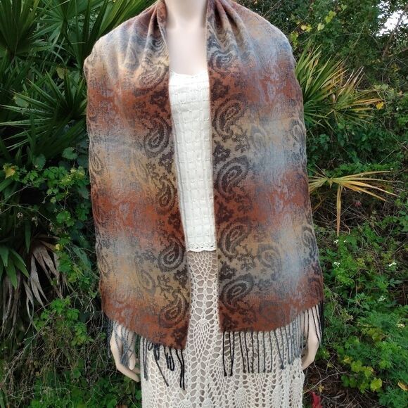 NWOT CEJON Gray, Tan & Brown Paisley 100% Acrylic Made in Italy Scarf Wrap - Picture 1 of 9